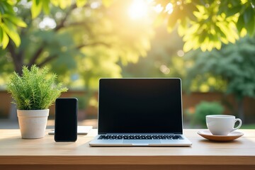 Outdoor Workspace: Laptop, Phone, and Coffee in Nature