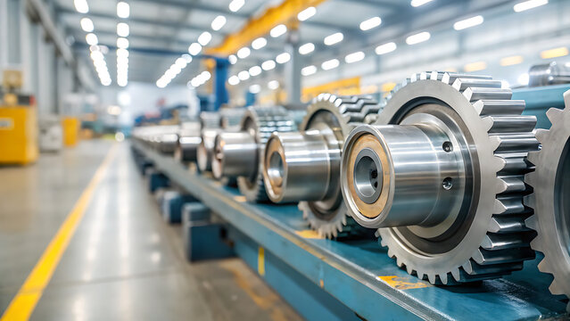 Close up view of precision metal gears lined up on a conveyor belt in a modern factory setting