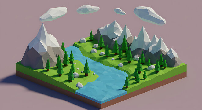 Low Poly Isometric Landscape with Mountains Trees River.