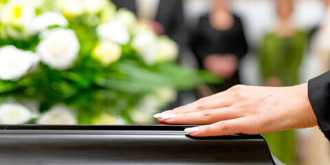 Mourning at a funeral with a woman's hand resting on a black coffin surrounded by flowers