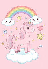 Obraz premium Pastel Pink Unicorn on Cloud with Rainbow and Smiling Stars – Cute and Magical Art