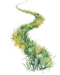 Obraz premium Watercolor painting of winding meadow path through grassy landscape with transparent space