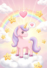 Pastel Pink Unicorn on Cloud with Rainbow and Smiling Stars &ndash; Cute and Magical Art