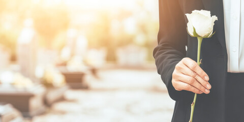 Holding a white rose in remembrance during a somber funeral ceremony in a peaceful cemetery setting