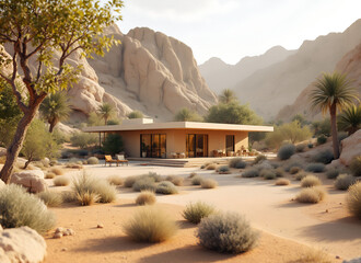 Modern desert home with minimalist architecture nestled amongst arid landscape and mountains