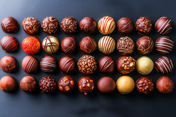 Variety of truffle dark chocolate candies with filling on black background, top view