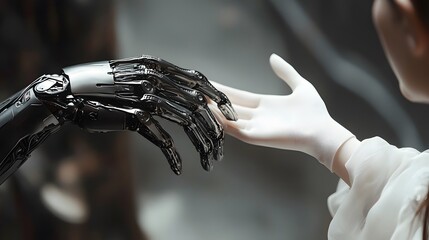 A woman's hand reaches out to a robot's hand, symbolizing the technology of the future. It is a combination of technology and humanity, a connection between human and robot interaction.