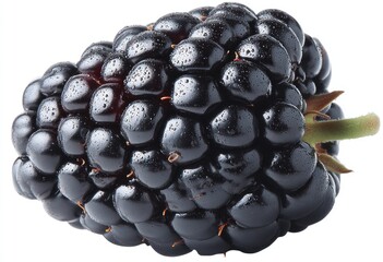 A single, ripe blackberry, dark and glossy, with visible water droplets, sits on a white background, showcasing its clustered drupelets and stem