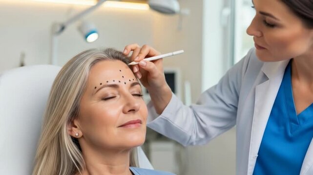 Professional Cosmetologist Prepares Mature Woman for Forehead AntiAging Treatment by Marking Injection Points.
