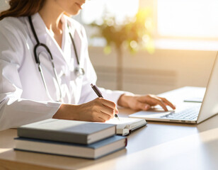 Doctor writing notes in a patient chart, sitting at desk with medical books and laptop, warm daylight, soft shadows
