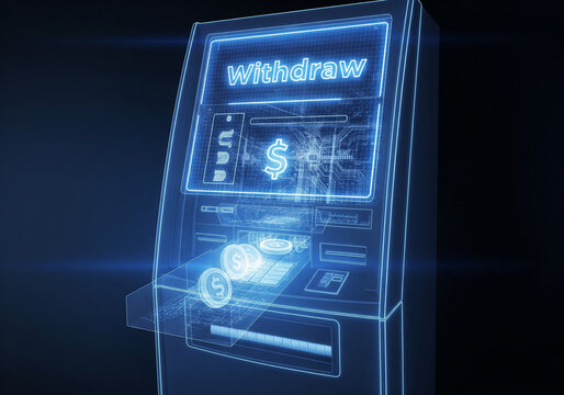 Futuristic digital ATM machine with a glowing "Withdraw" command and money flowing out, a modern representation for online banking and financial transactions.