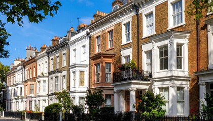 Obraz premium Charming London Street with Classic Terraced Houses on a Sunny Day