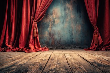 Red velvet curtains frame old wooden floor, against a textured wall. Ideal for theater backgrounds, presentations or any special event.