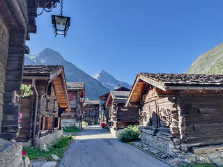 Traditional Walliser Houses with Alpine Flowers in Zinal, Val d'Anniviers, Switzerland