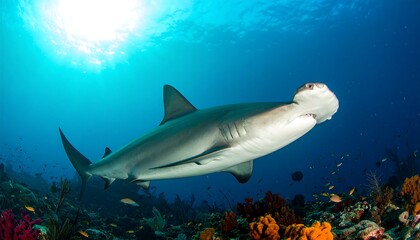Fototapeta premium Hammerhead Shark Swimming Gracefully Through the Deep Blue Ocean Waters