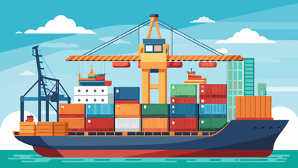 Fototapeta premium Vector art of a massive container ship is being loaded at a busy port with cranes, illustrating the complex process of international trade and maritime logistics