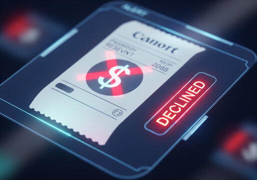 Digital transaction receipt with a glowing "Declined" warning, a futuristic  financial failure, payment errors, and business management concepts on a dark background.