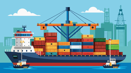 Fototapeta premium Vector art of a large cargo ship filled with colorful containers is being loaded by a crane at a busy port with city buildings and tugboats in the background under a sunny sky