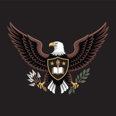 Majestic eagle spreading wings holding a shield with stars and leaves for a patriotic vibe vector illustration.