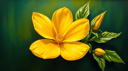Fototapeta premium Bright yellow flowers bloom vibrantly against green and black backgrounds, showcasing nature's beautiful spring flora up close