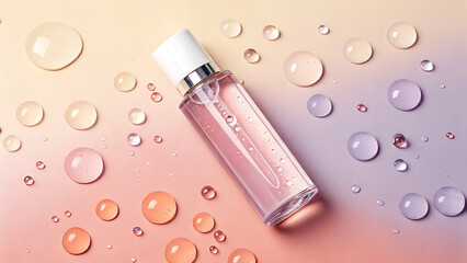 Elegant glass dropper bottle with pink serum surrounded by glistening water droplets on a gradient background