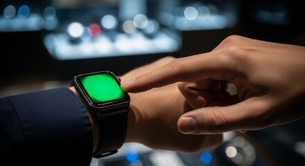 A person's hand interacting with a smartwatch, touching the green screen display.