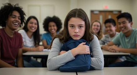 Sad Young Girl Holds Backpack Feeling Left Out By Laughing Peers In Classroom