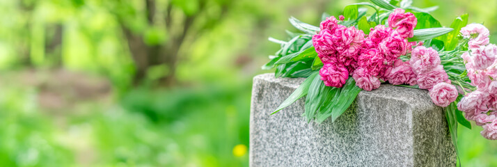 Peaceful cemetery scene with gravestone and flowers in serene lighting