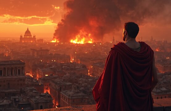 Roman emperor Nero watches Rome burn from a rooftop, cityscape engulfed in flames under an orange sunset. Dramatic digital painting depicts historical event, city destruction, smoke, and inferno.