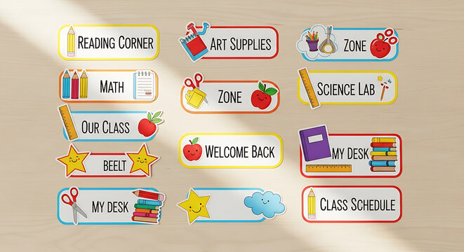 Various classroom labels with different themes like reading corner and art supplies are displayed back to school ai generated