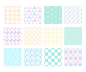 シームレスな和柄パターンセット パステルカラー（青海波・麻の葉・市松・七宝 など）