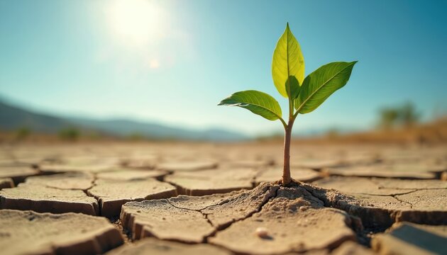 Vibrant green sapling sprouts from cracked dry earth under bright sun. Symbol of life, resilience, hope, survival in arid desert landscape. Represents growth, adaptability, new beginnings against