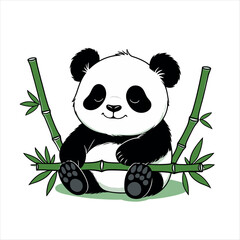 Cute baby panda bear cartoon illustration with bamboo in nature, a funny wild animal