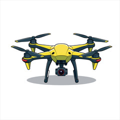 A Yellow and Black Quadcopter Drone with Spinning Propellers and a Front-Facing Camera, Isolated on a White Background, Illustrating Modern Technology and Aerial Photography
