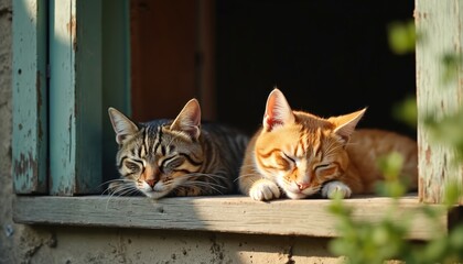 Obraz premium Two cats, one tabby and one ginger, nap peacefully in a rustic window opening. Sunlight streams onto the sleepy felines, highlighting their comfort and serene summer afternoon vibe.