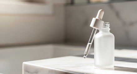 A minimalist concept of a daily skincare routine with a cosmetic serum bottle and dropper on a sunlit marble surface