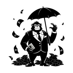 Boss Ape Silhouette Holding Umbrella in Money Storm, Financial Protection Concept, Wealth Management, Business Success Vector Illustration