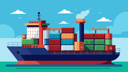Obraz premium Vector art of a large cargo ship loaded with colorful containers sails across the blue ocean under a cloudy sky, symbolizing global trade and logistics