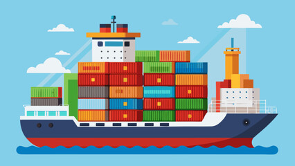 Obraz premium Vector art of a large cargo ship loaded with colorful containers sails across the blue ocean under a cloudy sky, symbolizing global trade and logistics