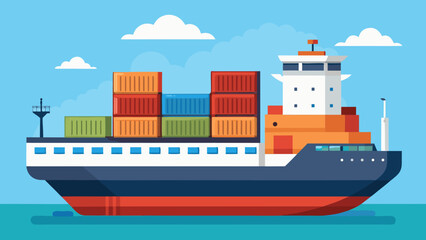 Vector art of a large container ship carrying many colorful cargo containers sails across the blue ocean under a partly cloudy sky, symbolizing global trade and logistics