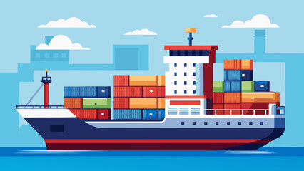 Obraz premium Vector art of a large cargo ship filled with colorful containers sails across the blue ocean with a city skyline in the background, symbolizing global trade and logistics