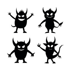 Four black silhouette monsters with horns and sharp teeth white