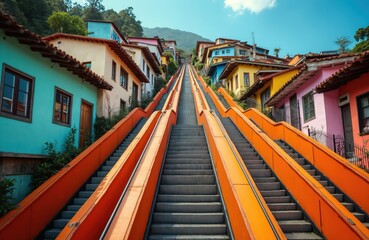 Colorful hillside houses ascend alongside vibrant orange escalator system in Medellin Commune 13. Urban transportation innovation connects densely populated neighborhood, offering stunning city