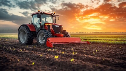Fototapeta premium Red tractor tills field at sunset (1)