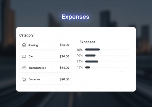 Personal budget and expense tracker illustration on a digital dashboard, showing categorized spending for home, car, and groceries on a blurred background. - Powered by Adobe