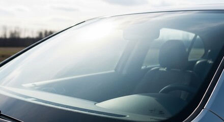 Close-up of a car's windshield reflecting a blurry outdoor scene with trees and sky