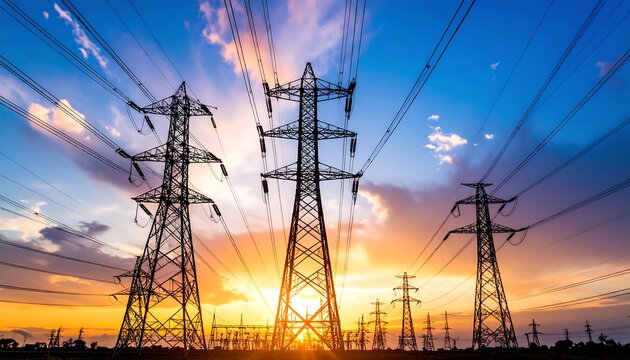 Electrical grid at sunset, symbolizing power infrastructure and energy distribution for modern - Powered by Adobe