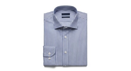 Folded blue and white striped dress shirt with bow tie isolated on white background