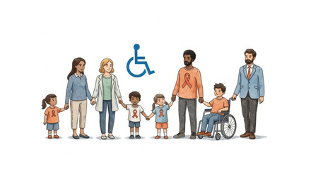 Watercolor Diversity Illustration – Children & Adults Holding Hands with Wheelchair