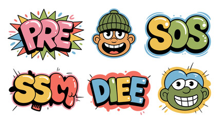Obraz premium Graffiti style lettering and cartoon faces illustrations